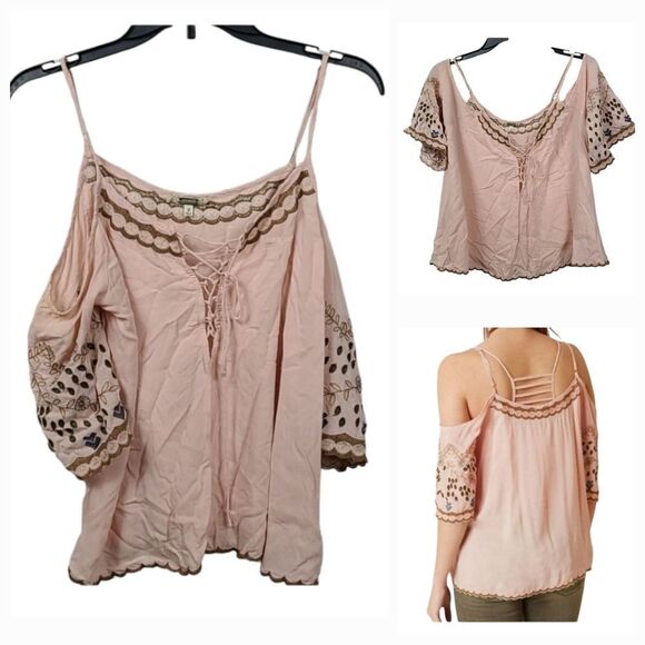 gimmicks by BKE Tops - Gimmicks BKE Lace Up Cold Shoulder Embroidered Top Blush Pink Soft Bell Sleeves